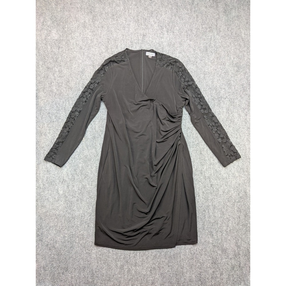 Calvin Klein Black Faux Wrap Dress Women's 16 Sheath‎ Lace LBD Career Classic